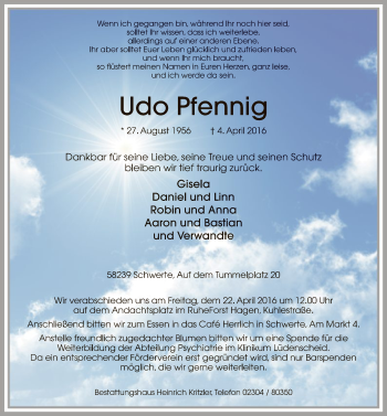 Todesanzeige von Udo Pfennig von MZV