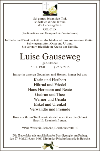 Todesanzeige von Luise Gauseweg von MZV