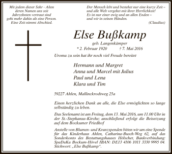 Todesanzeige von Else Bußkamp von MZV