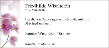 Todesanzeige von Friedhilde Wischeloh von MZV