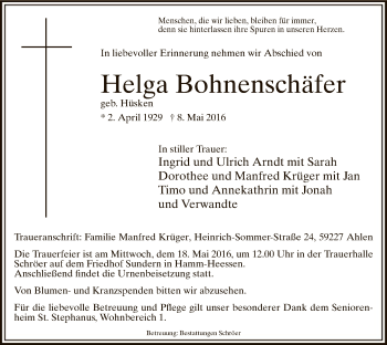 Todesanzeige von Helga Bohnenschäfer von MZV