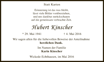 Todesanzeige von Hudert Kinscher von MZV
