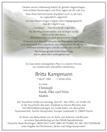 Todesanzeige von Britta Kampmann von Westfälischer Anzeiger