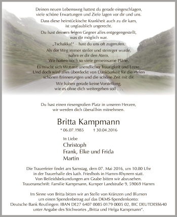 Todesanzeige von Britta Kampmann von MZV