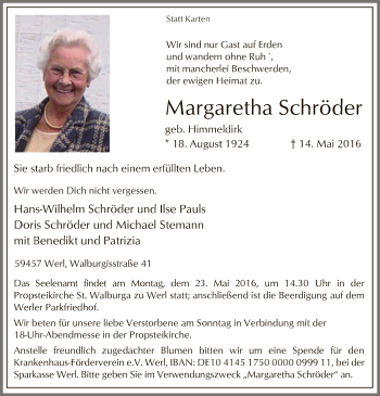 Todesanzeige von Margaretha Schröder von MZV