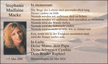 Todesanzeige von Stephanie Madlaine Macke von MZV