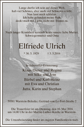 Todesanzeige von Elfriede Ulrich von MZV