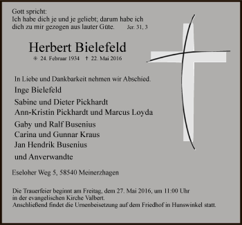 Todesanzeige von Herbert Bielefeld von MZV