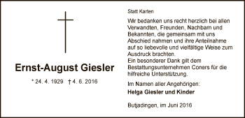 Todesanzeige von Ernst-August Giesler von MZV
