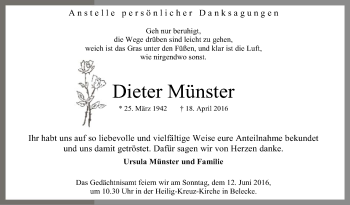 Todesanzeige von Dieter Münster von MZV