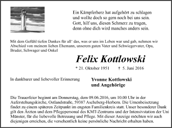 Todesanzeige von Felix Kottlowski von MZV