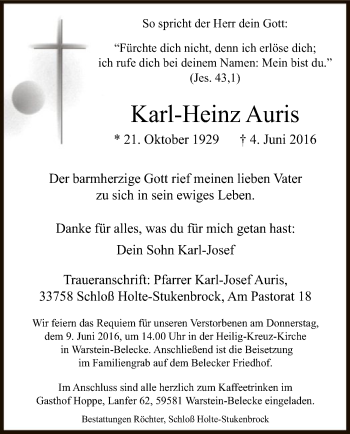Todesanzeige von Karl-Heinz Auris von MZV