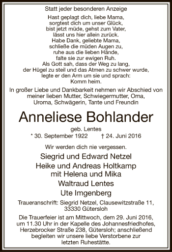 Todesanzeige von Anneliese Bohlander von MZV