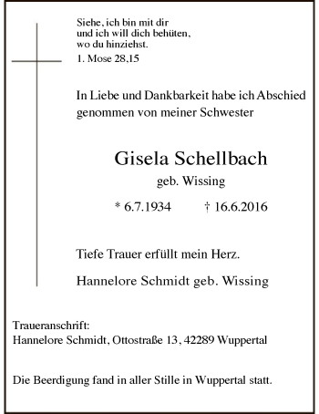 Todesanzeige von Gisela Schellbach von MZV