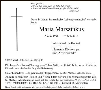 Todesanzeige von Maria Marszinkus von MZV