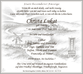 Todesanzeige von Christa Lukat von MZV