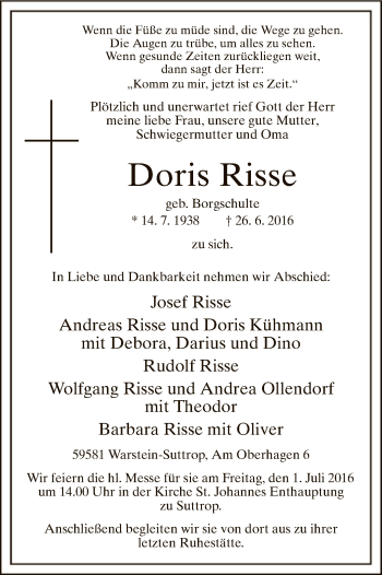 Todesanzeige von Doris Risse von MZV