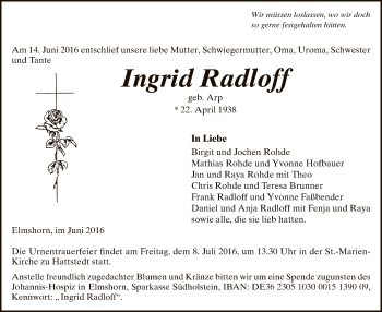 Todesanzeige von Ingrid Radloff von MZV