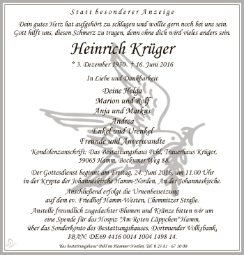 Todesanzeige von Heinrich Krüger von MZV