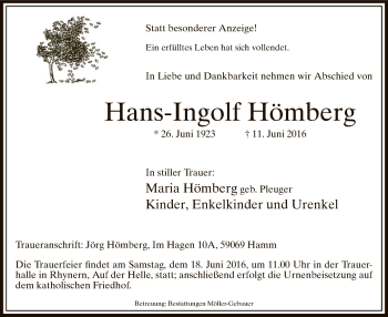 Todesanzeige von Hans-Ingolf Hömberg von MZV