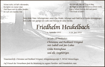 Todesanzeige von Friedhelm Heukelbach von MZV