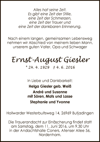 Todesanzeige von Ernst-August Giesler von MZV