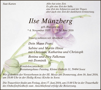 Todesanzeige von Ilse Münzberg von MZV