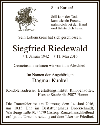 Todesanzeige von Siegfried Riedewald von MZV