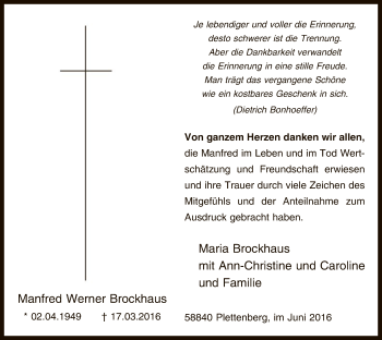Todesanzeige von Manfred Werner Brockhaus von MZV