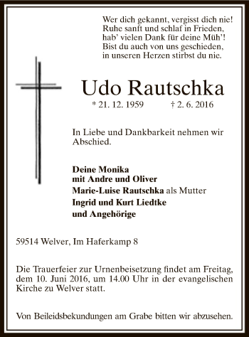Todesanzeige von Udo Rautschka von MZV