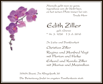 Todesanzeige von Edith Ziller von MZV
