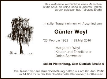 Todesanzeige von Günter Weyl von MZV