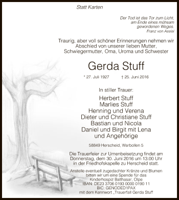 Todesanzeige von Gerda Stuff von MZV