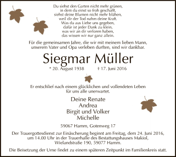 Todesanzeige von Siegmar Müller von MZV