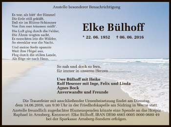 Todesanzeige von Elke Bülhoff von MZV