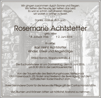 Todesanzeige von Rosemarie Achtstetter von MZV