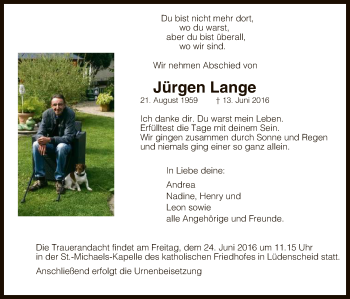 Todesanzeige von Jürgen Lange von MZV