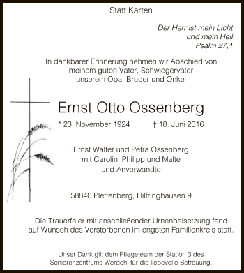 Todesanzeige von Ernst Otto Ossenberg von MZV