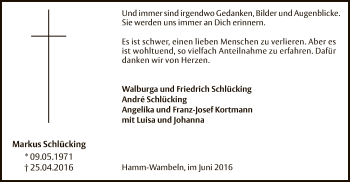 Todesanzeige von Markus Schlücking von MZV