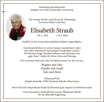 Todesanzeige von Elisabeth Straub von MZV