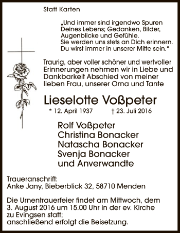 Todesanzeige von Lieselotte Voßpeter von MZV