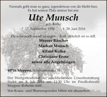 Todesanzeige von Ute Munsch von MZV