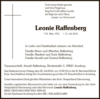 Todesanzeige von Leonie Raffenberg von MZV