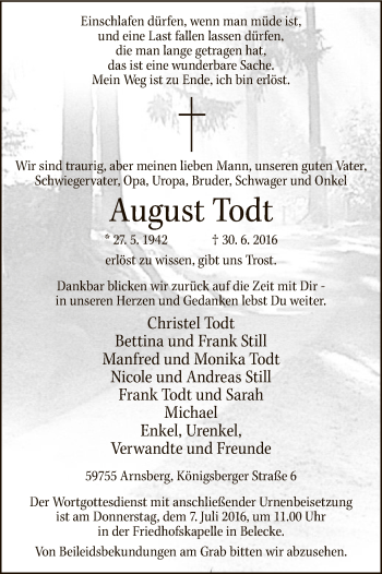 Todesanzeige von August Todt von MZV