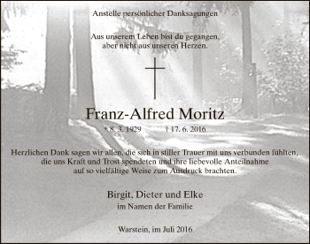 Todesanzeige von Franz-Alfred Moritz von MZV