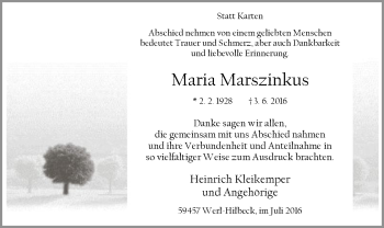 Todesanzeige von Maria Marszinkus von MZV