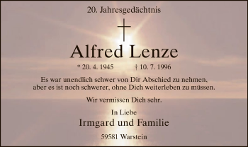 Todesanzeige von Alfred Lenze von MZV