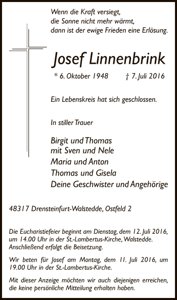 Todesanzeige von Josef Linnenbrink von MZV