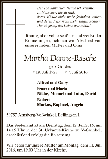 Todesanzeige von Martha Danne-Rasche von MZV