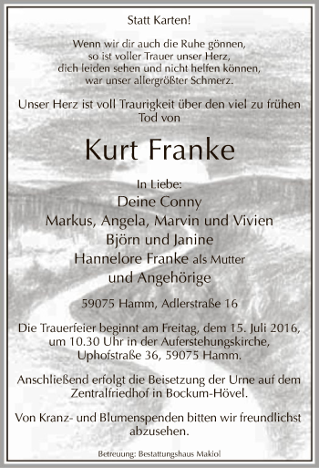 Todesanzeige von Kurt Franke von MZV